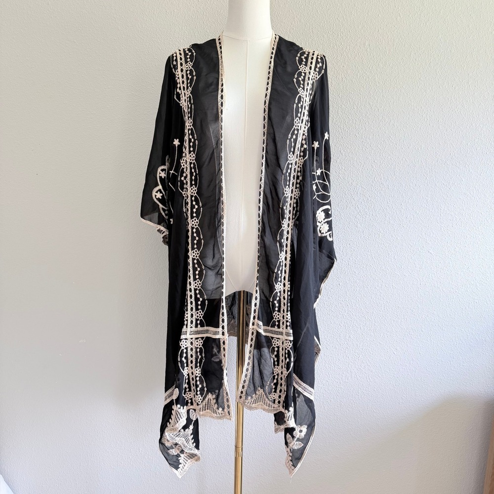 Rachel Zoe Black Embroidered Sheer Kimono Wrap Boho Festival Beach Resort OS